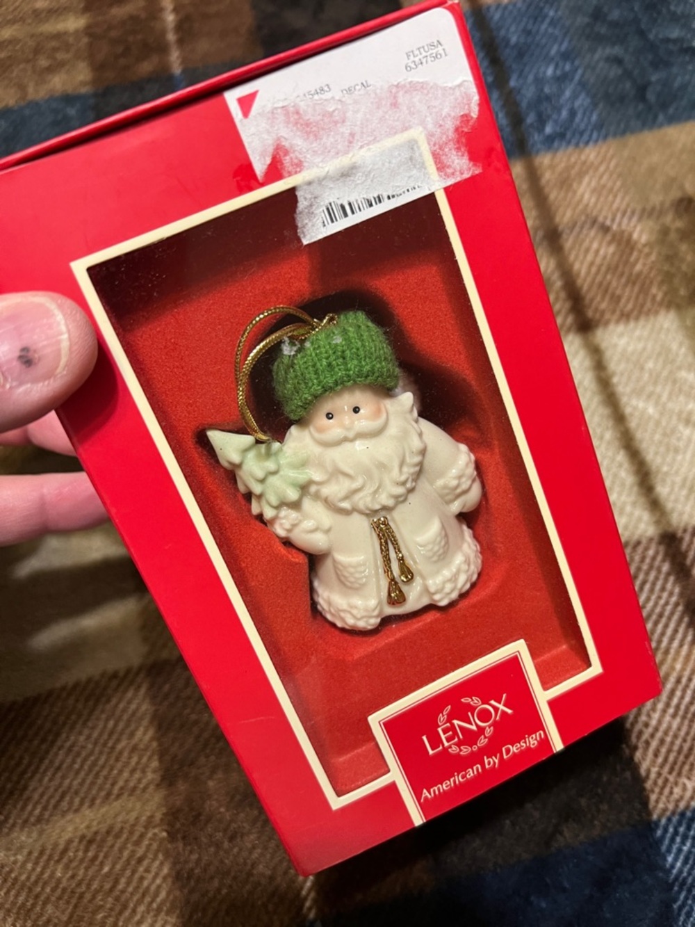 Lenox Cream Santa Ornament with Green Hat and Gold Accent